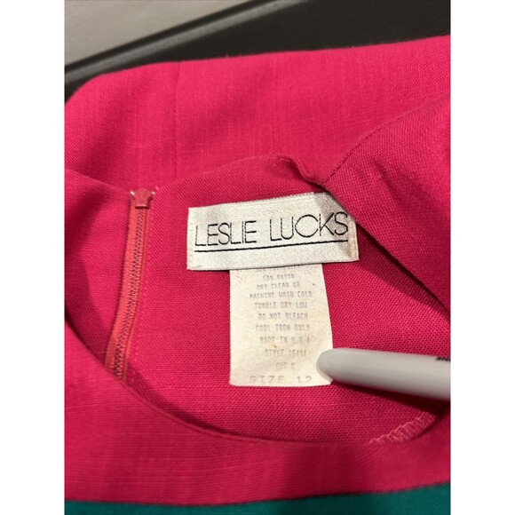 Vtg 80s Leslie Lucks Sheath Dress Pink Purple Green Striped Short Sleeve Size 12 - Picture 3 of 4